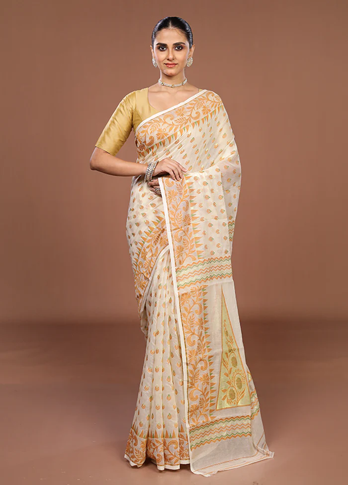 Cream Jamdani Cotton Saree Without Blouse Piece - Image 2