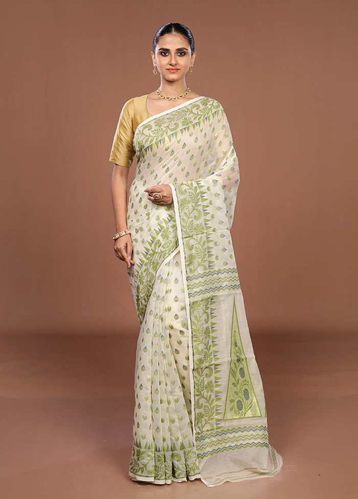 Cream Jamdani Cotton Saree Without Blouse Piece - Image 2