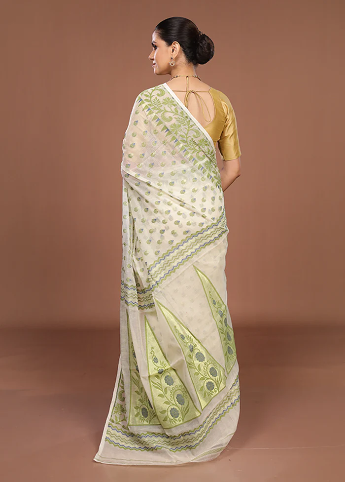 Cream Jamdani Cotton Saree Without Blouse Piece - Image 3