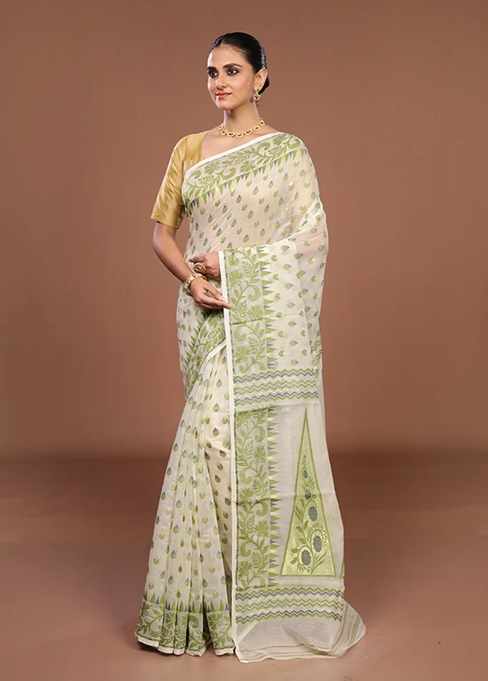 Cream Jamdani Cotton Saree Without Blouse Piece - Image 4