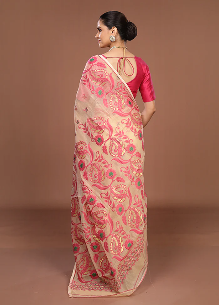 Cream Jamdani Cotton Saree Without Blouse Piece - Image 3