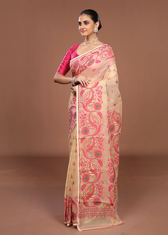Cream Jamdani Cotton Saree Without Blouse Piece - Image 4