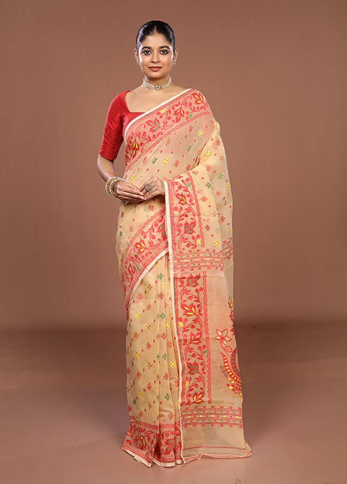 Cream Jamdani Cotton Saree Without Blouse Piece - Image 2