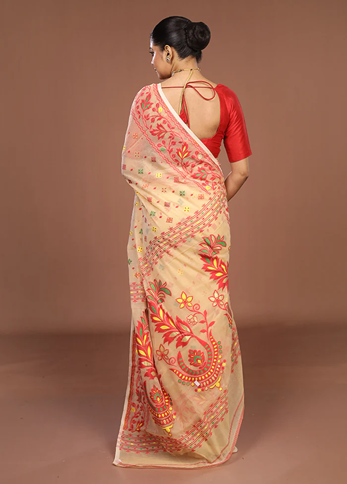 Cream Jamdani Cotton Saree Without Blouse Piece - Image 3