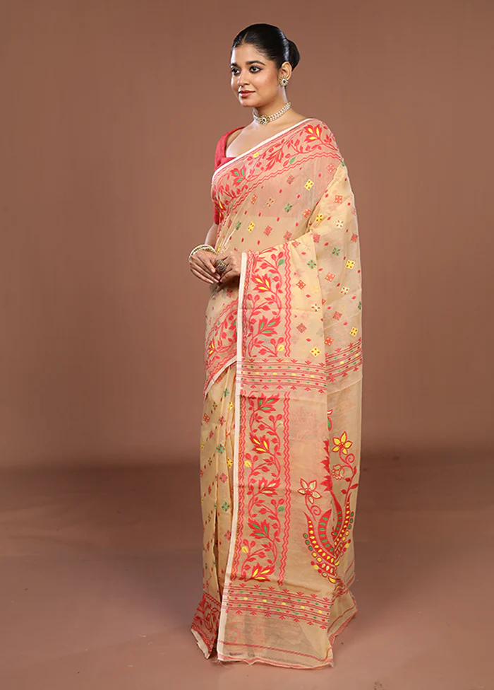 Cream Jamdani Cotton Saree Without Blouse Piece - Image 4