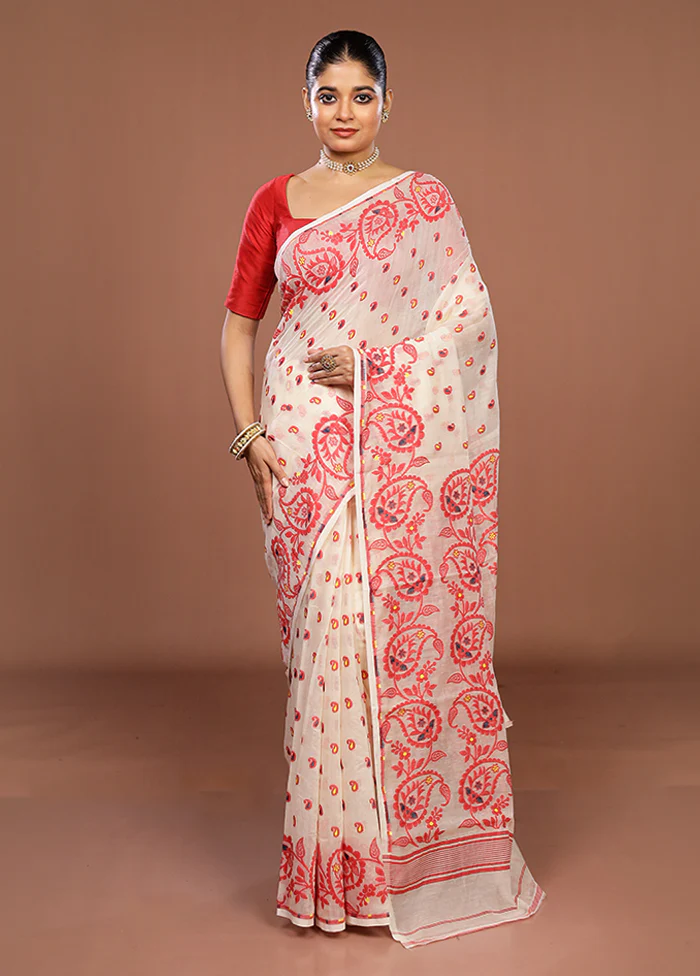 Cream Jamdani Cotton Saree Without Blouse Piece - Image 2