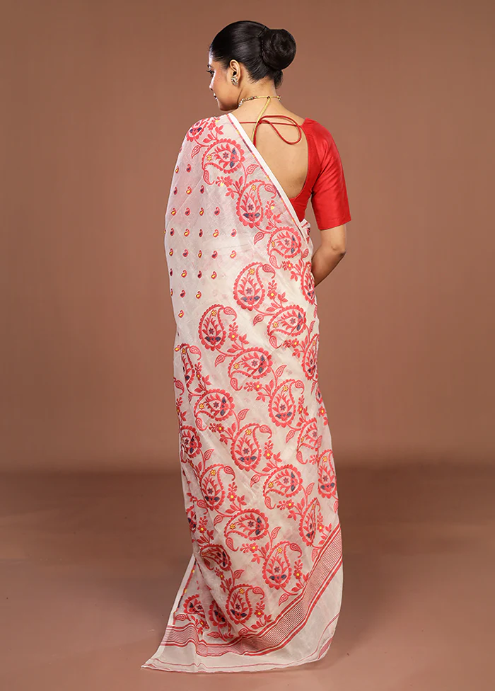 Cream Jamdani Cotton Saree Without Blouse Piece - Image 3