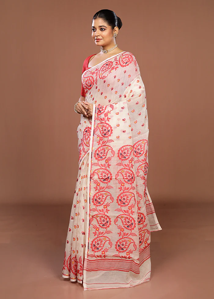 Cream Jamdani Cotton Saree Without Blouse Piece - Image 4