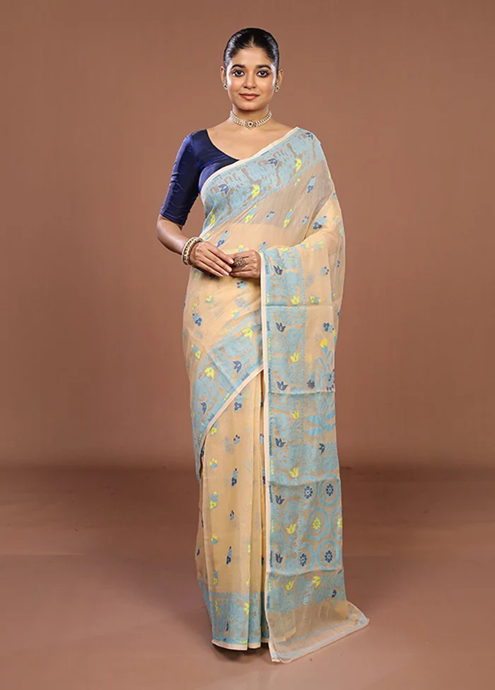 Cream Jamdani Cotton Saree Without Blouse Piece - Image 2
