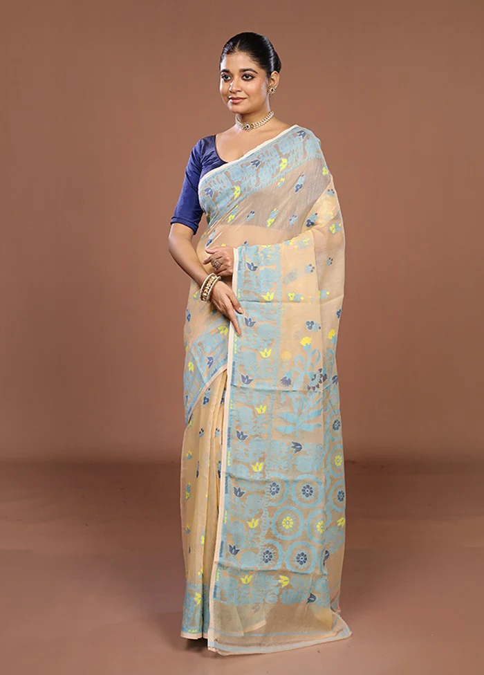 Cream Jamdani Cotton Saree Without Blouse Piece - Image 4