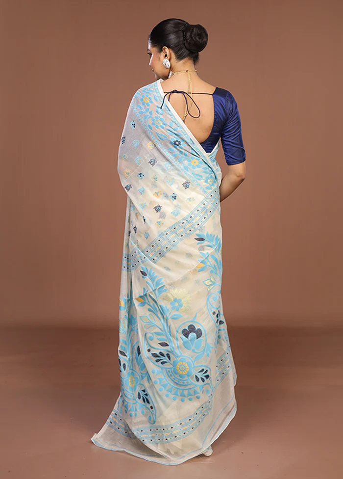 Cream Jamdani Cotton Saree Without Blouse Piece - Image 3