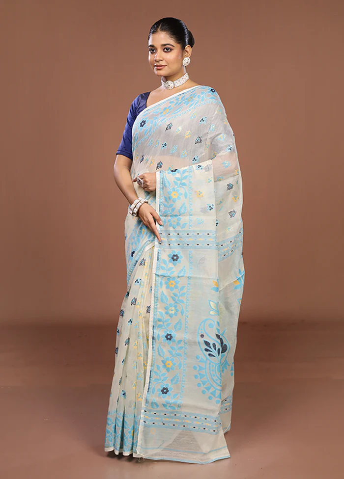 Cream Jamdani Cotton Saree Without Blouse Piece - Image 4