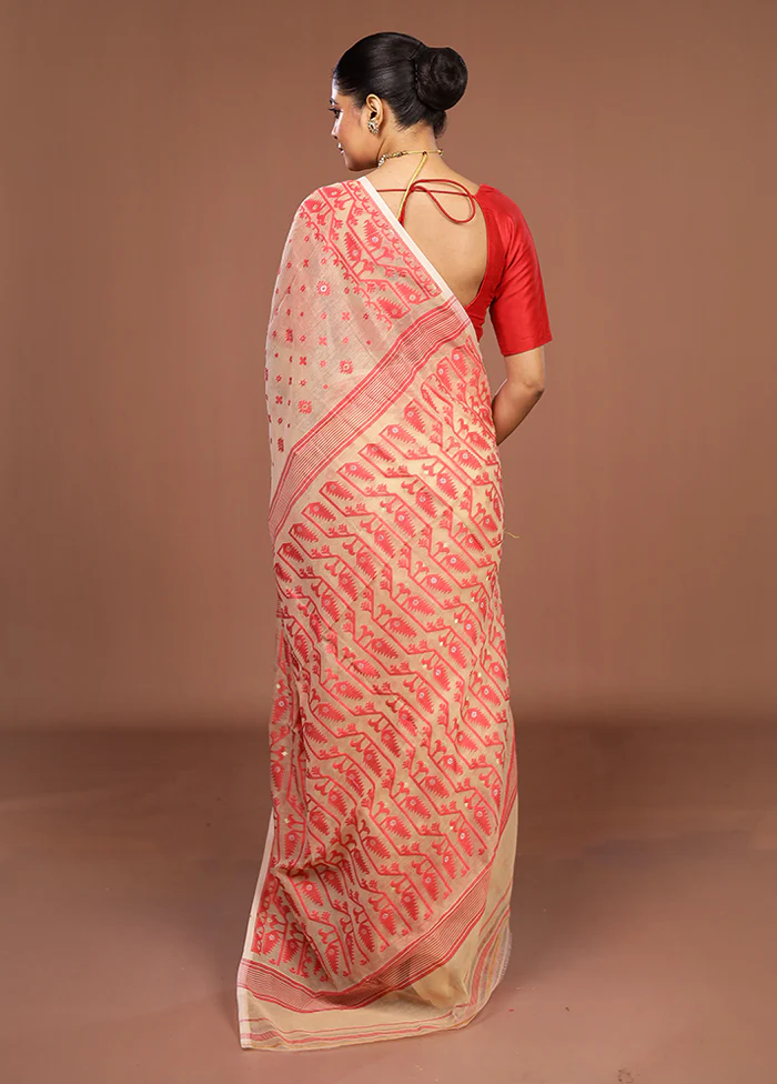 Cream Jamdani Cotton Saree Without Blouse Piece - Image 3
