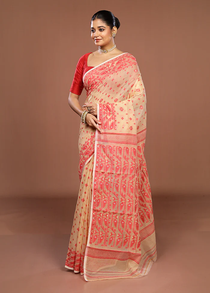 Cream Jamdani Cotton Saree Without Blouse Piece - Image 4
