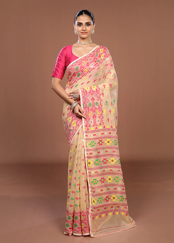Cream Jamdani Cotton Saree Without Blouse Piece - Image 2