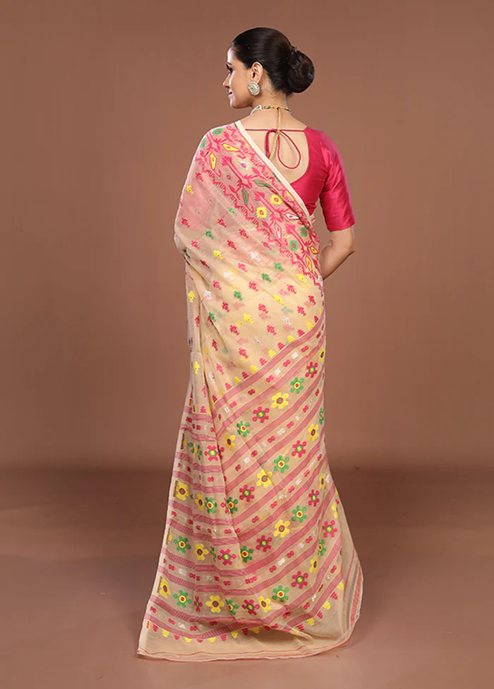 Cream Jamdani Cotton Saree Without Blouse Piece - Image 3