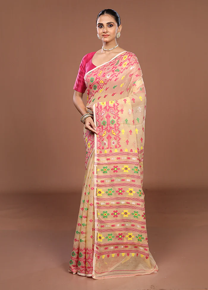Cream Jamdani Cotton Saree Without Blouse Piece - Image 4