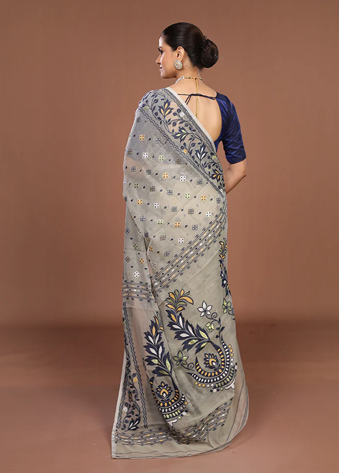 Grey Jamdani Cotton Saree Without Blouse Piece - Image 3