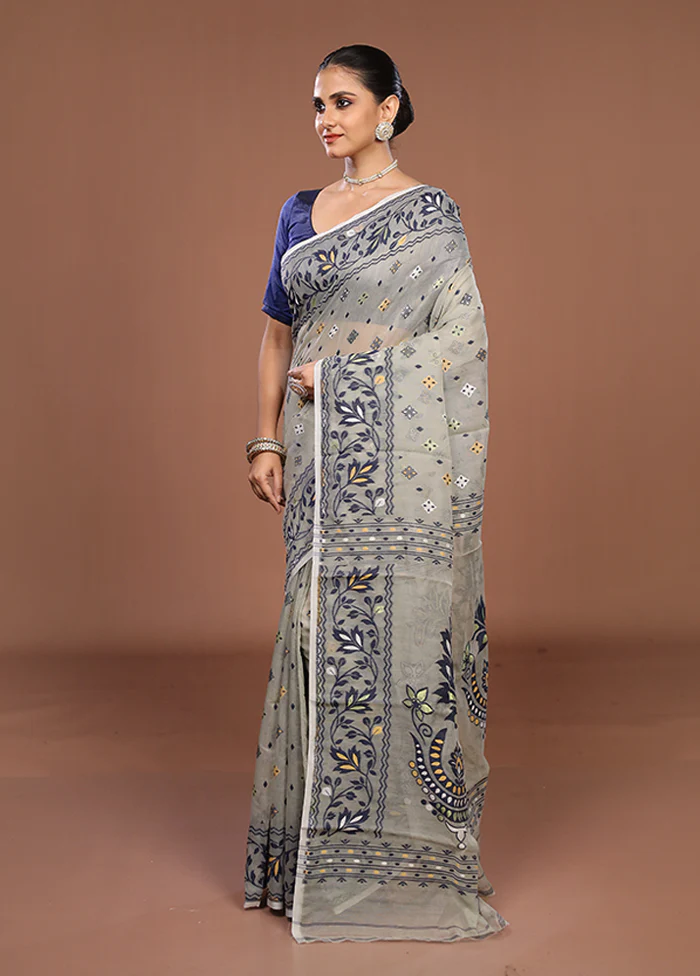 Grey Jamdani Cotton Saree Without Blouse Piece - Image 4