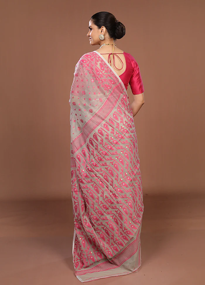 Cream Jamdani Cotton Saree Without Blouse Piece - Image 3