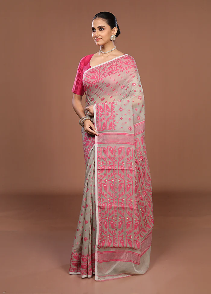 Cream Jamdani Cotton Saree Without Blouse Piece - Image 4