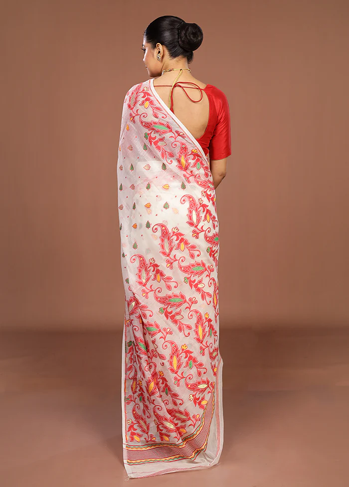 White Jamdani Cotton Saree Without Blouse Piece - Image 3