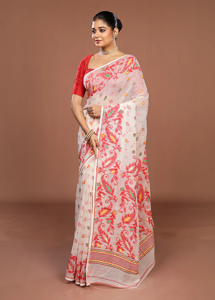 White Jamdani Cotton Saree Without Blouse Piece - Image 4