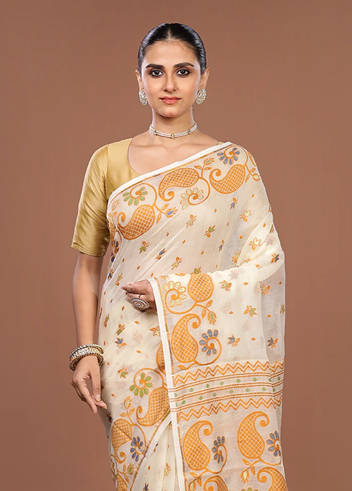 Cream Jamdani Cotton Saree Without Blouse Piece