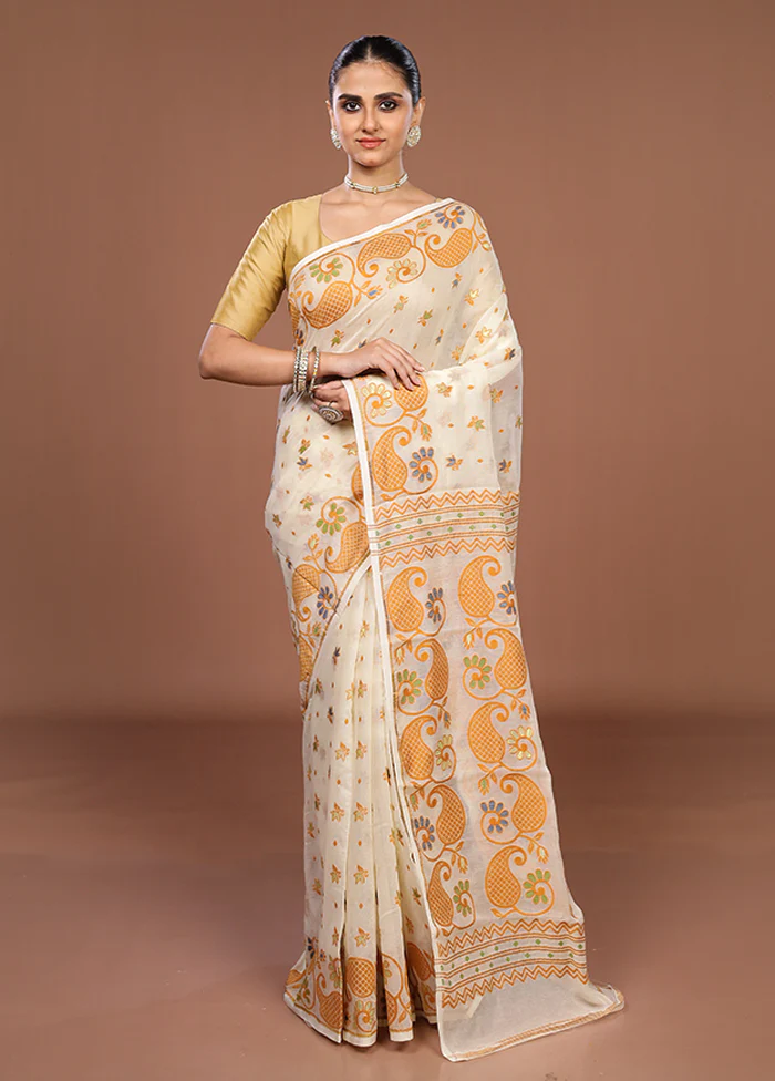 Cream Jamdani Cotton Saree Without Blouse Piece - Image 2