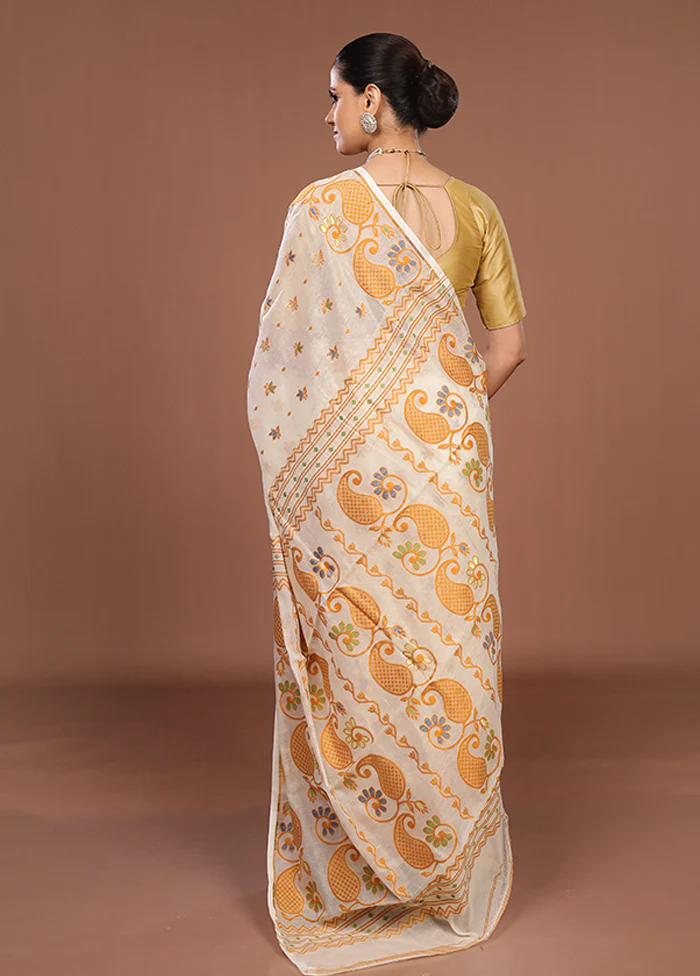 Cream Jamdani Cotton Saree Without Blouse Piece - Image 3