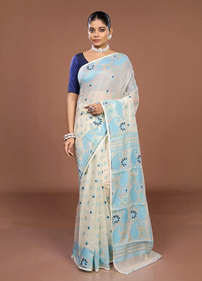 Cream Jamdani Cotton Saree Without Blouse Piece - Image 2