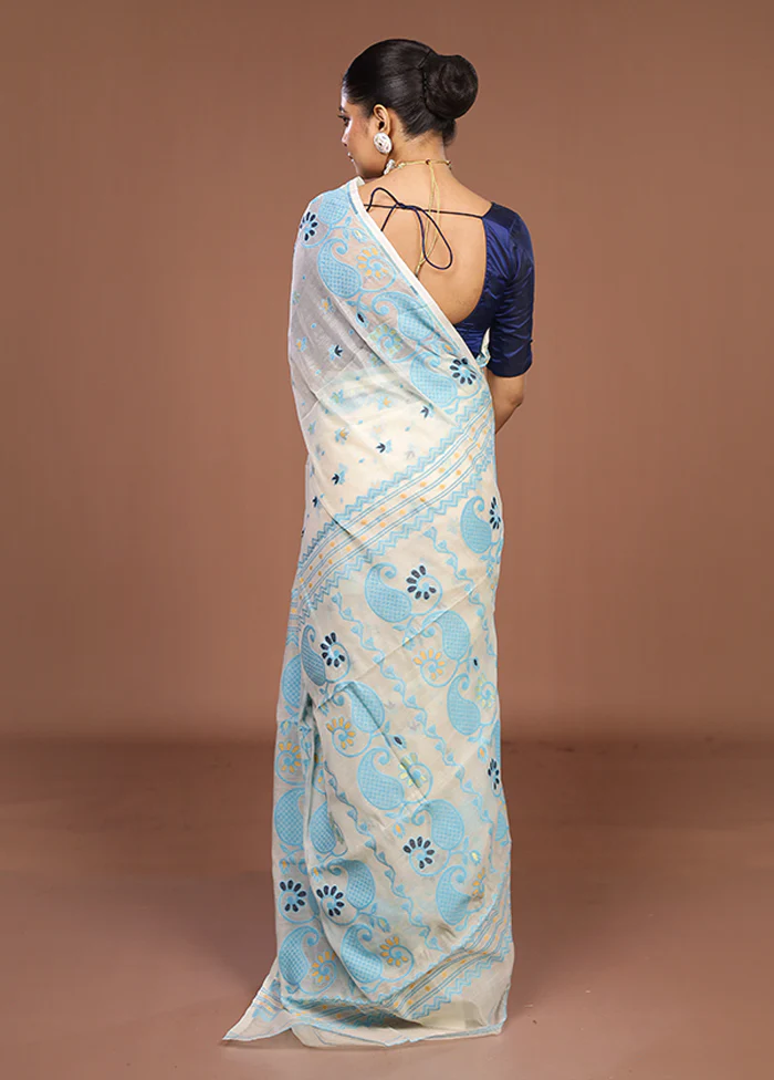 Cream Jamdani Cotton Saree Without Blouse Piece - Image 3