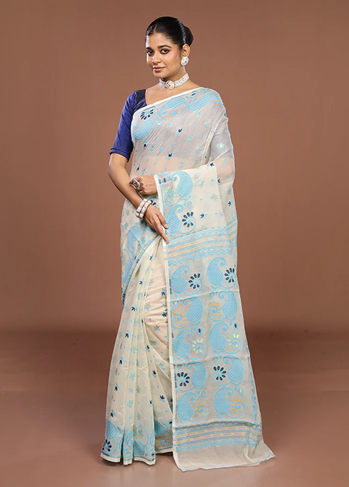 Cream Jamdani Cotton Saree Without Blouse Piece - Image 4