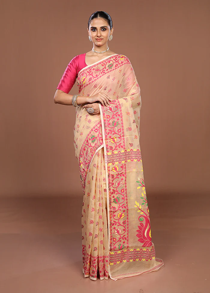 Cream Jamdani Cotton Saree Without Blouse Piece - Image 2