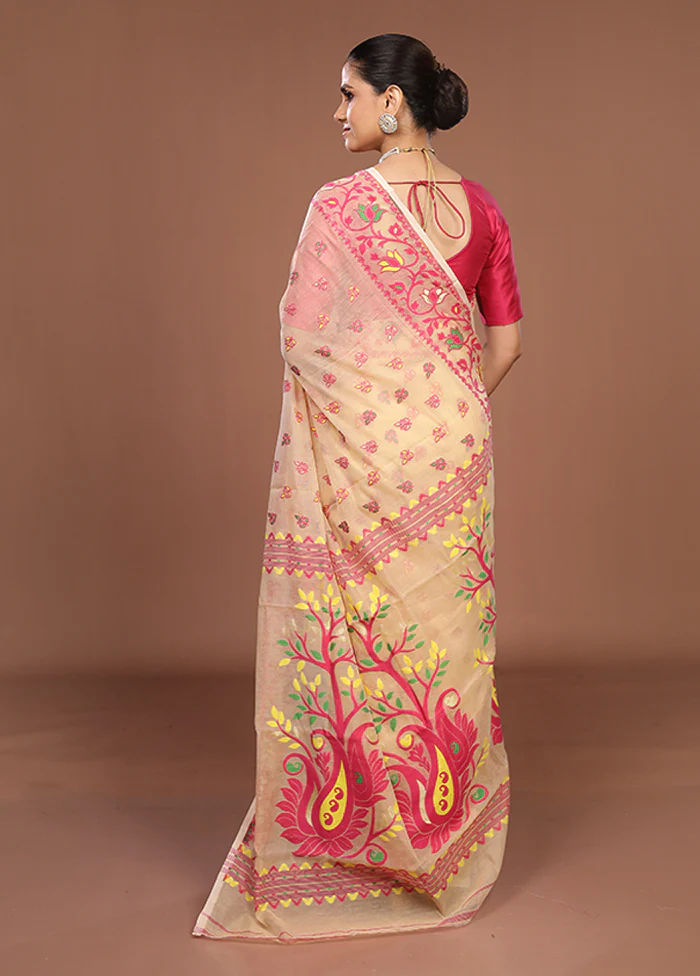 Cream Jamdani Cotton Saree Without Blouse Piece - Image 3