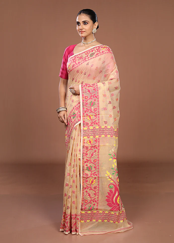 Cream Jamdani Cotton Saree Without Blouse Piece - Image 4