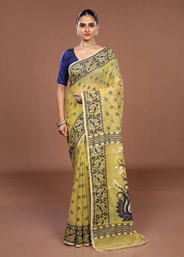 Cream Jamdani Cotton Saree Without Blouse Piece - Image 2