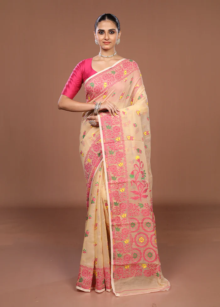 Cream Jamdani Cotton Saree Without Blouse Piece - Image 2