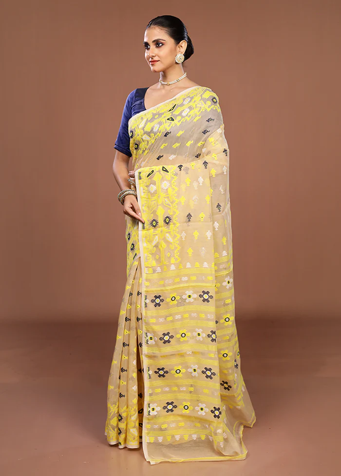 Cream Jamdani Cotton Saree Without Blouse Piece - Image 4