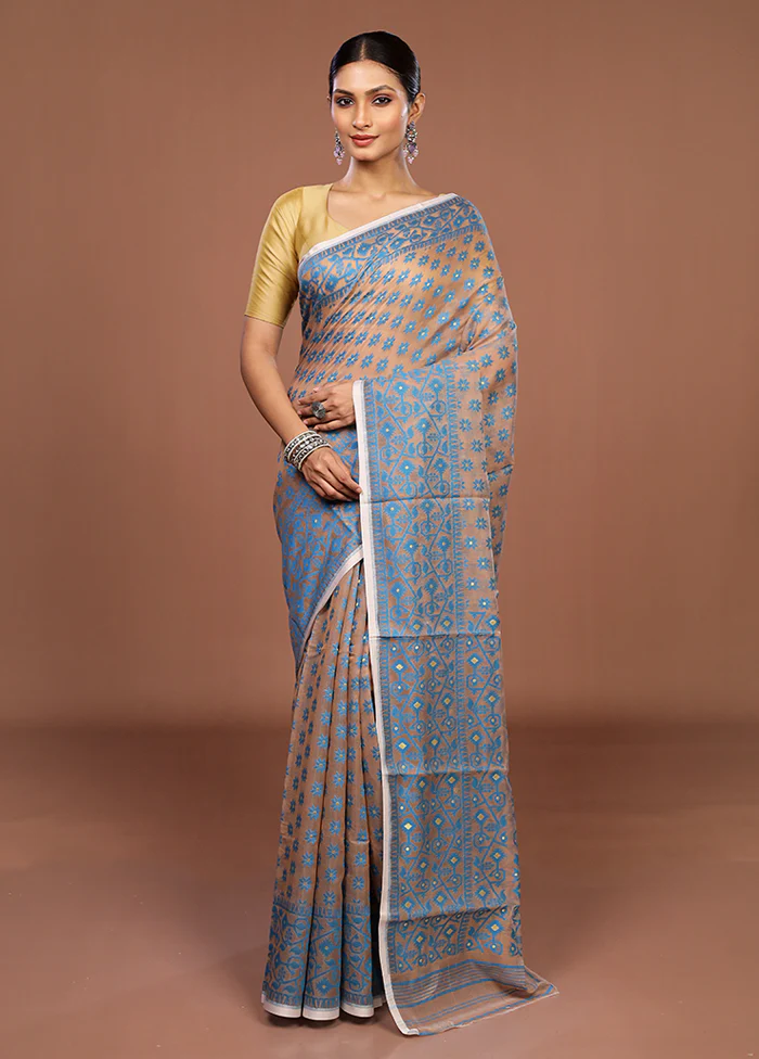 Cream Jamdani Cotton Saree Without Blouse Piece - Image 2