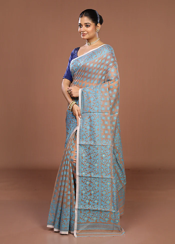Cream Jamdani Cotton Saree Without Blouse Piece - Image 4