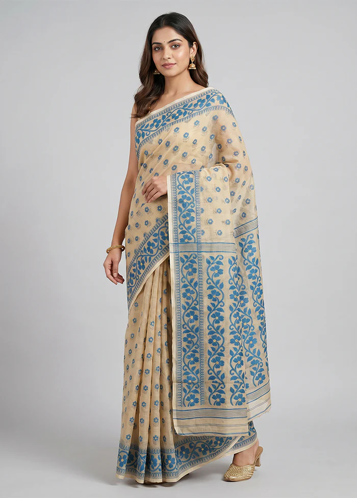 Cream Jamdani Cotton Saree Without Blouse Piece