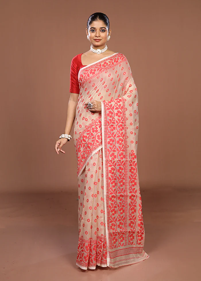 Cream Jamdani Cotton Saree Without Blouse Piece - Image 2