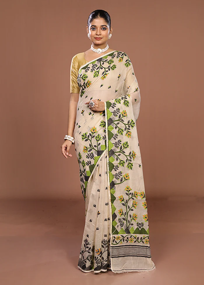 Cream Jamdani Cotton Saree Without Blouse Piece - Image 2