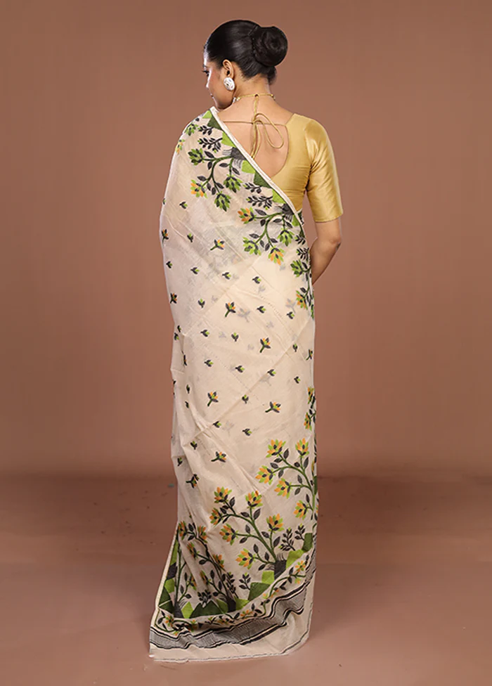Cream Jamdani Cotton Saree Without Blouse Piece - Image 3
