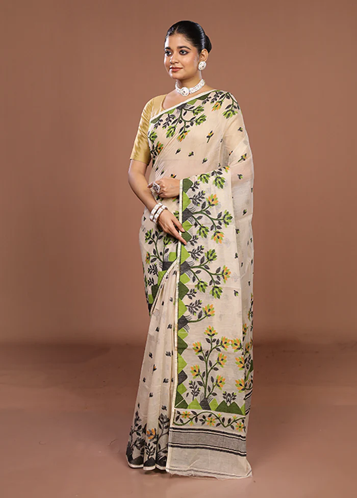 Cream Jamdani Cotton Saree Without Blouse Piece - Image 4