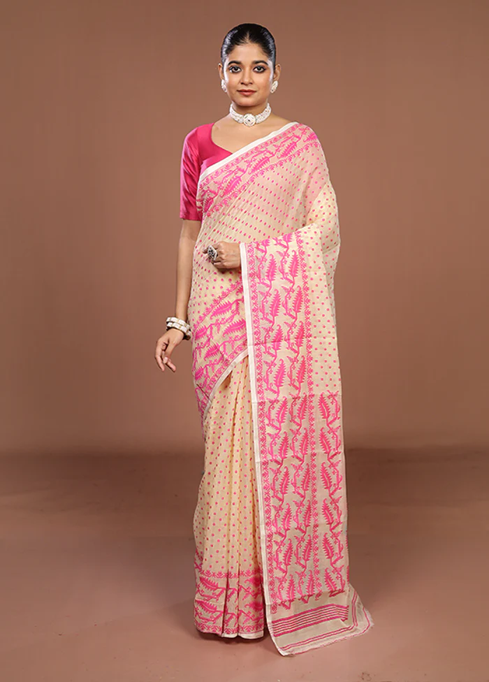 Cream Jamdani Cotton Saree Without Blouse Piece - Image 2