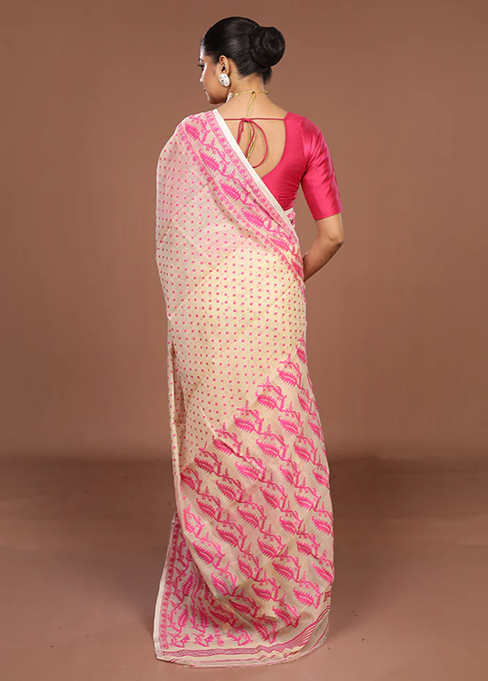 Cream Jamdani Cotton Saree Without Blouse Piece - Image 3