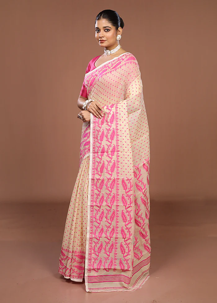 Cream Jamdani Cotton Saree Without Blouse Piece - Image 4