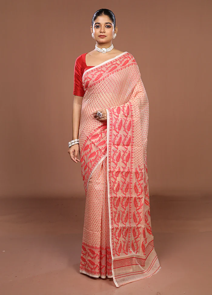 Cream Jamdani Cotton Saree Without Blouse Piece - Image 2